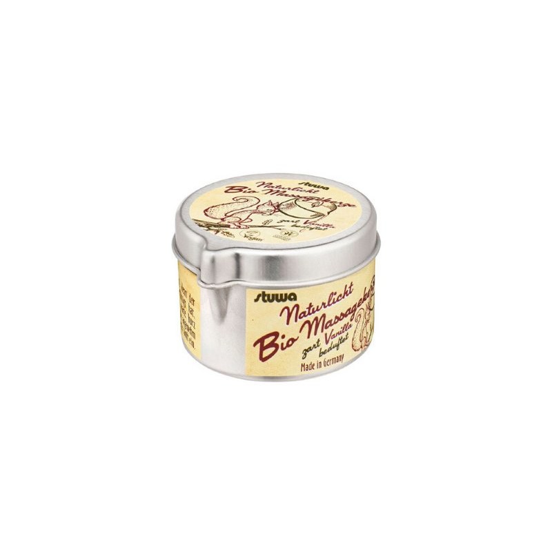 Masážní svíčka v plechové dóze s nálevkou bez vůně BIO Stuwa - 50 ml Masážní svíčka v plechové dóze s nálevkou bez vůně BIO Stuwa - 50 ml